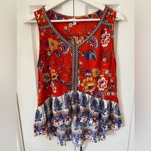 Patrons of Peace Babydoll Bohemian Red Floral Tank Ruffle hem Hi Low embroidery